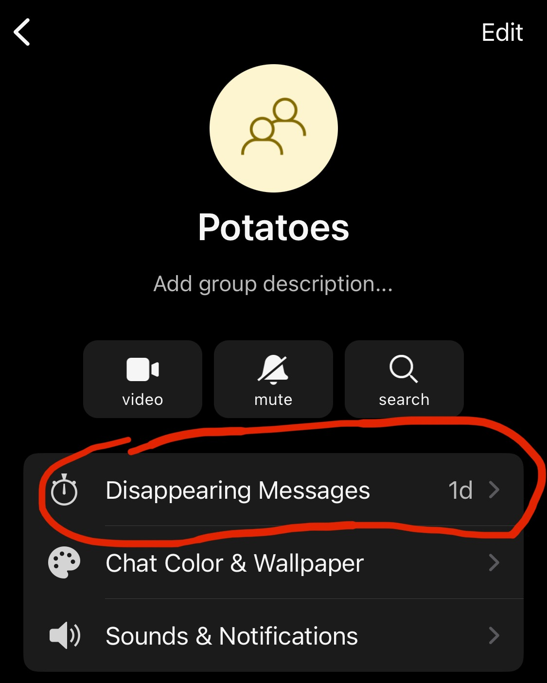 A screenshot from Signal, showing the Disappearing messages menu.